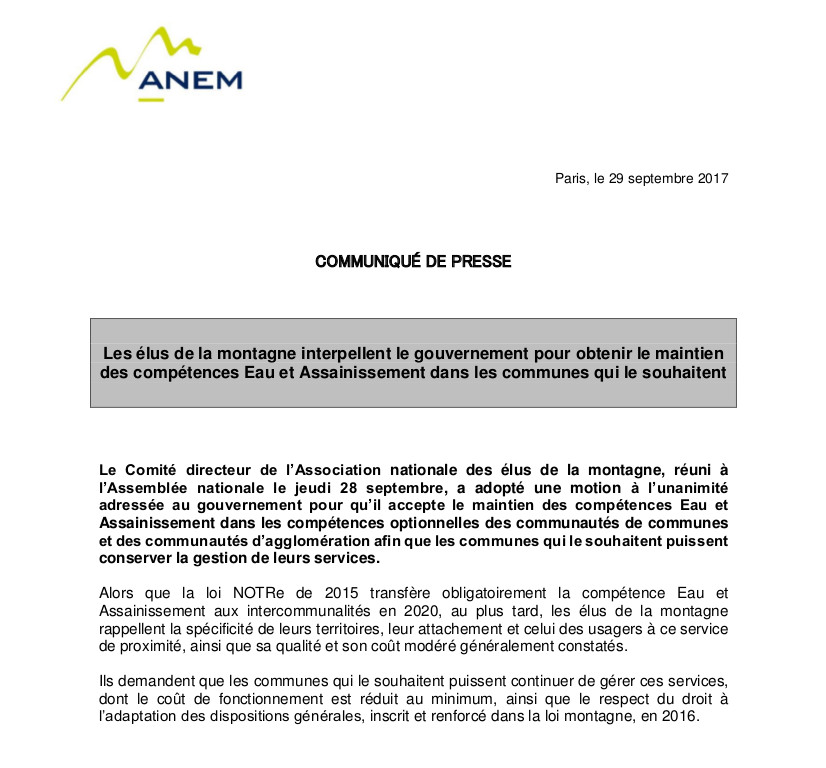 Les elus de la montagne interpellent le gouvernement 20170929113202 29 09 17 cp anem eau