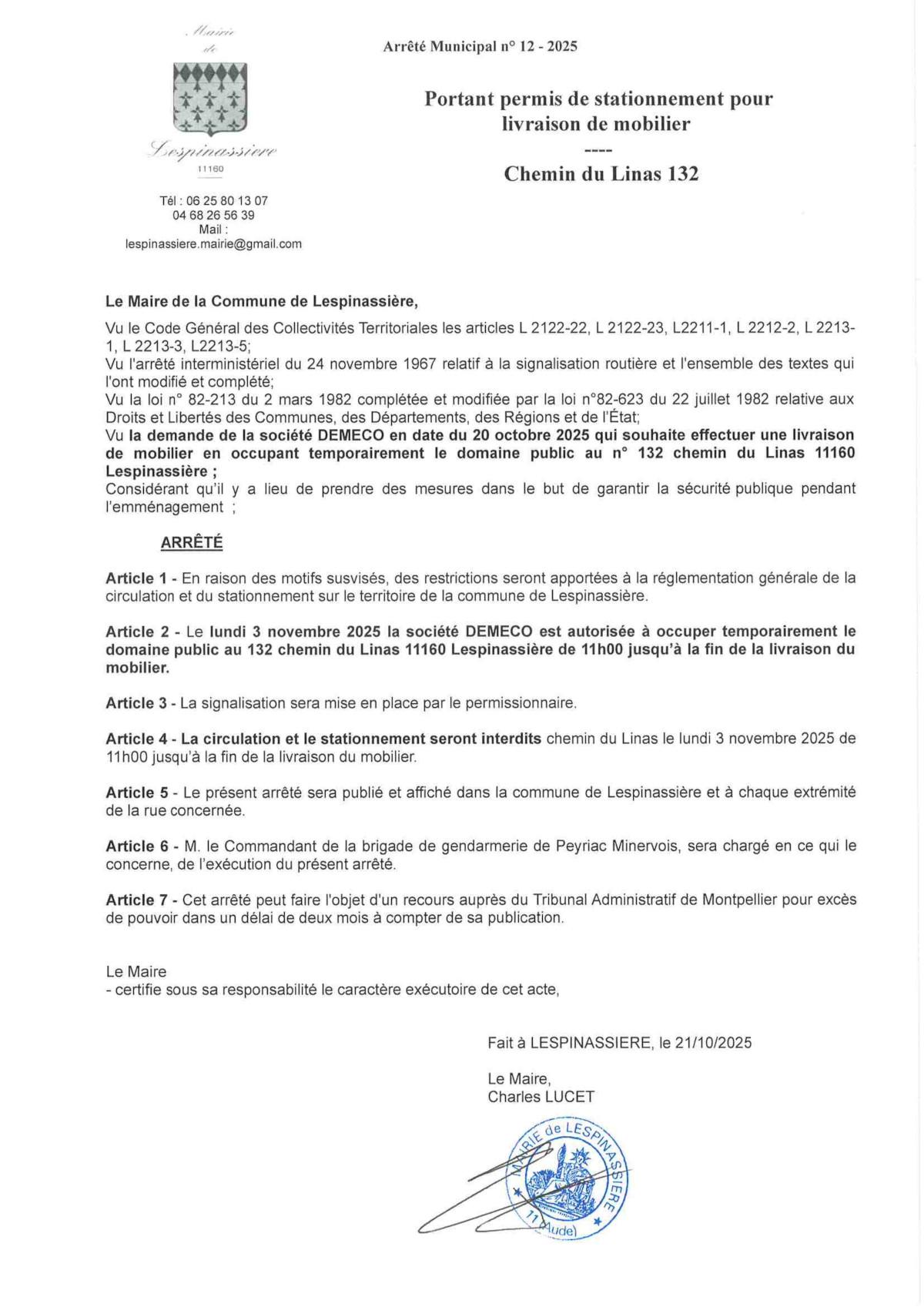 12 2025 arrete livraison de mobilier