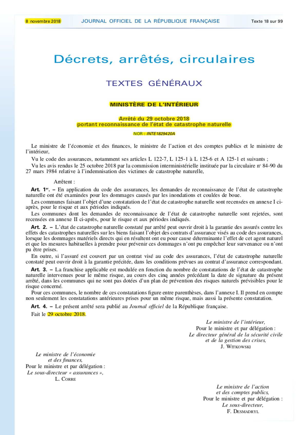 Arrete norinte1829420a 29102018 catnat inondations 14 15102018