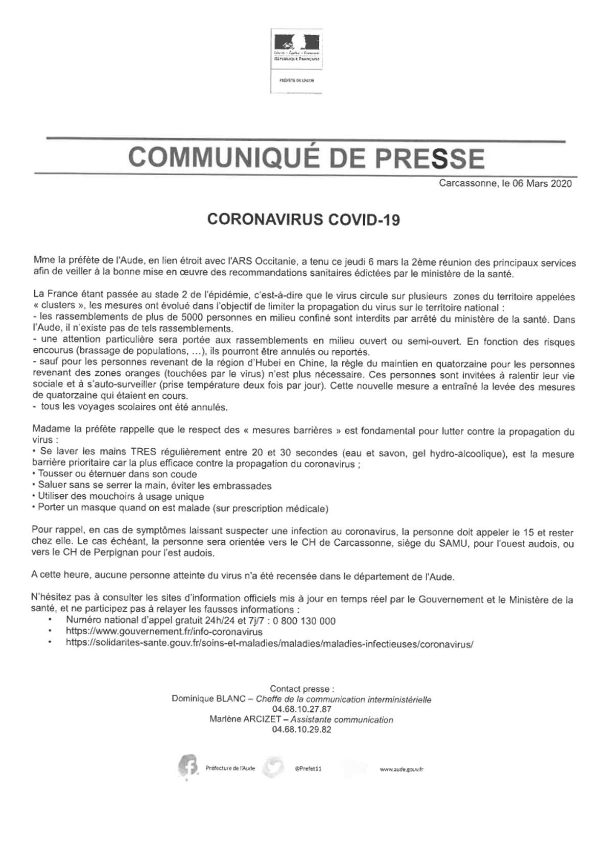 Communique de presse prefecture coronavirus covid 19